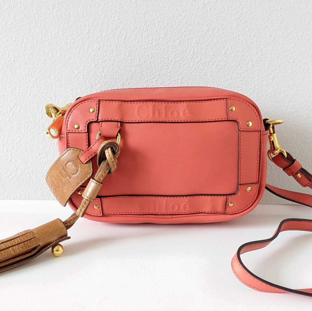 Chloé Coral Pink Leather Crossbody Bag with Tan Tassel